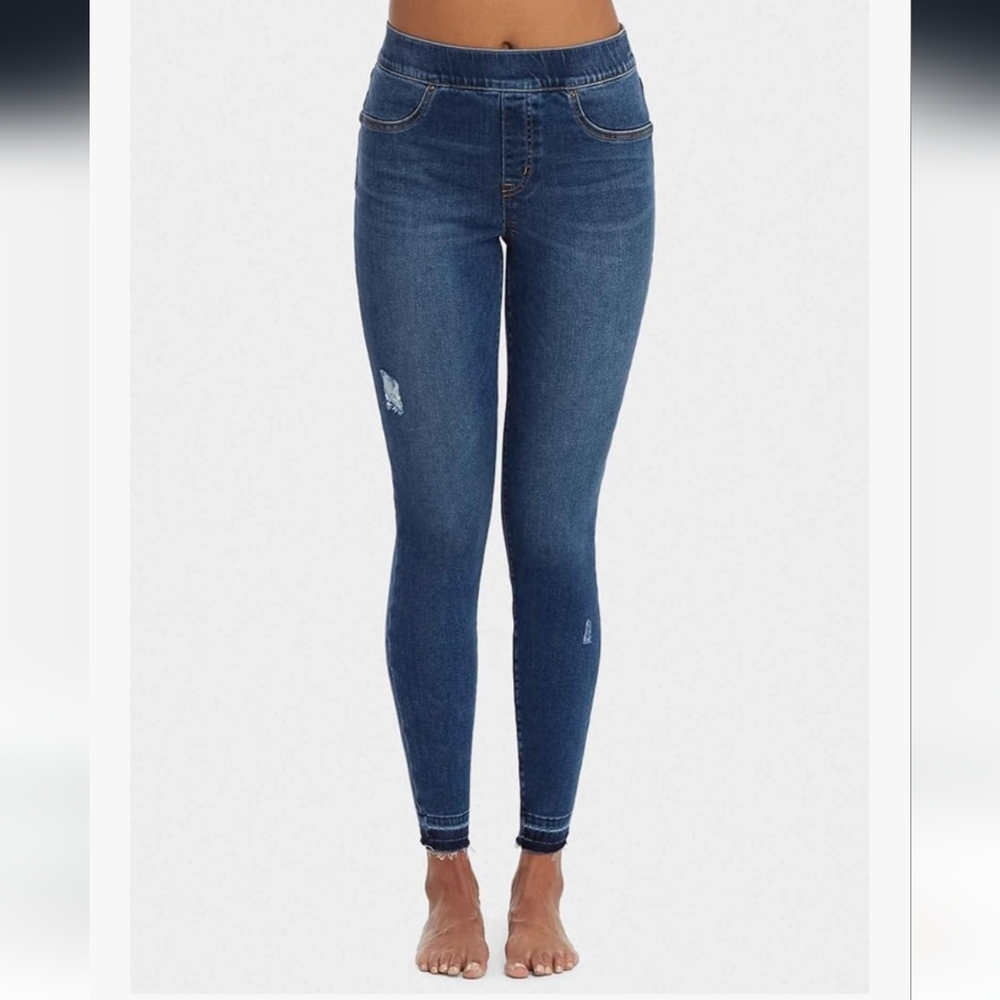 SPANX | Women's Dark Blue High-Cut Distressed Frayed Hem Skinny Jean Jeggings